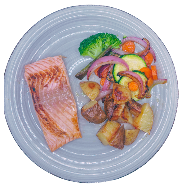 Grilled salmon con verduras y patatas